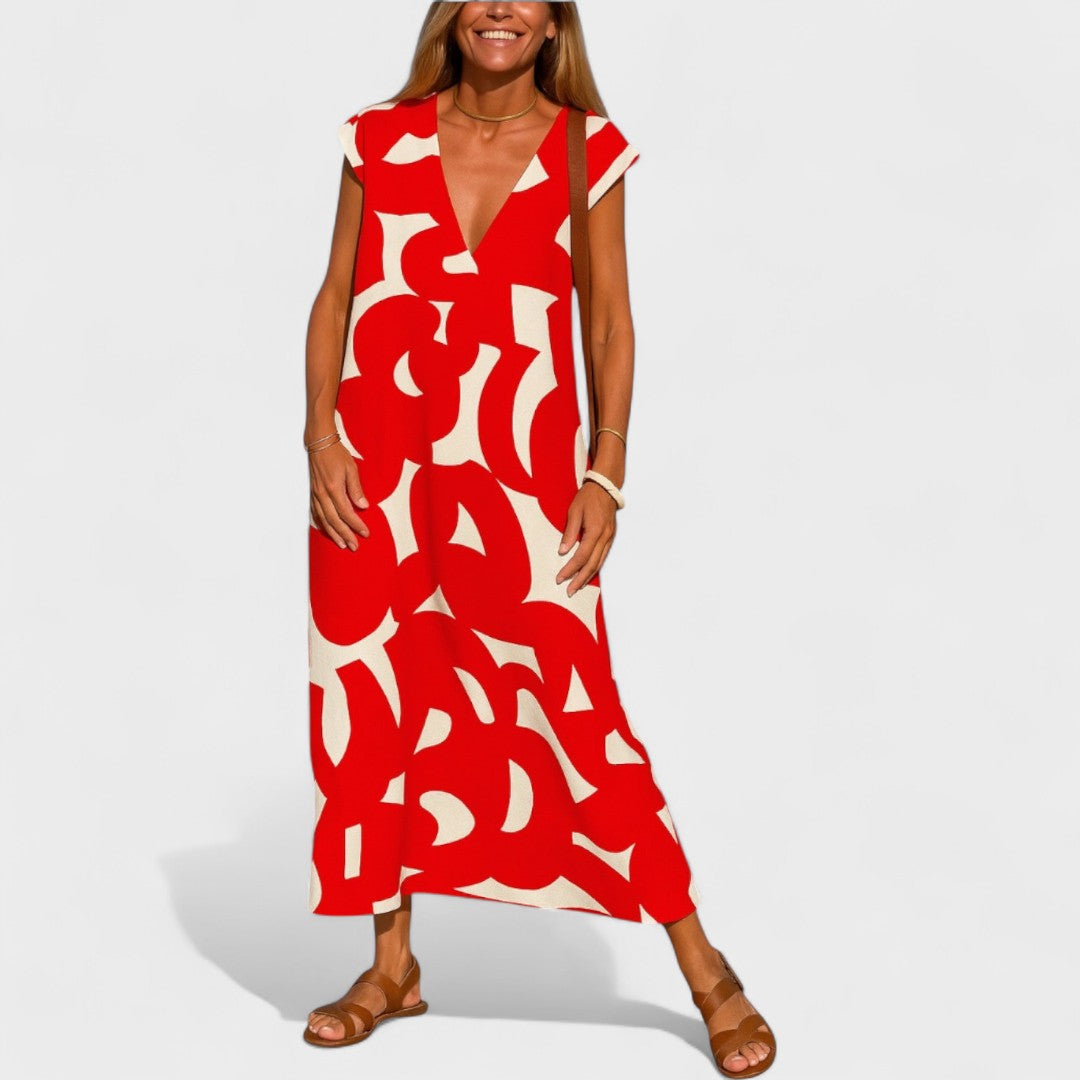 Magdalena - Długa Sukienka z Artystycznym Wzorem
