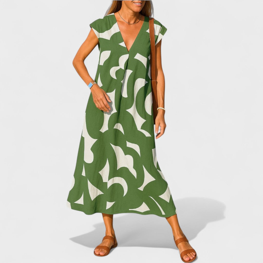 Magdalena - Długa Sukienka z Artystycznym Wzorem