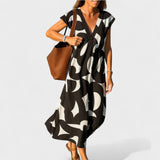 Magdalena - Długa Sukienka z Artystycznym Wzorem