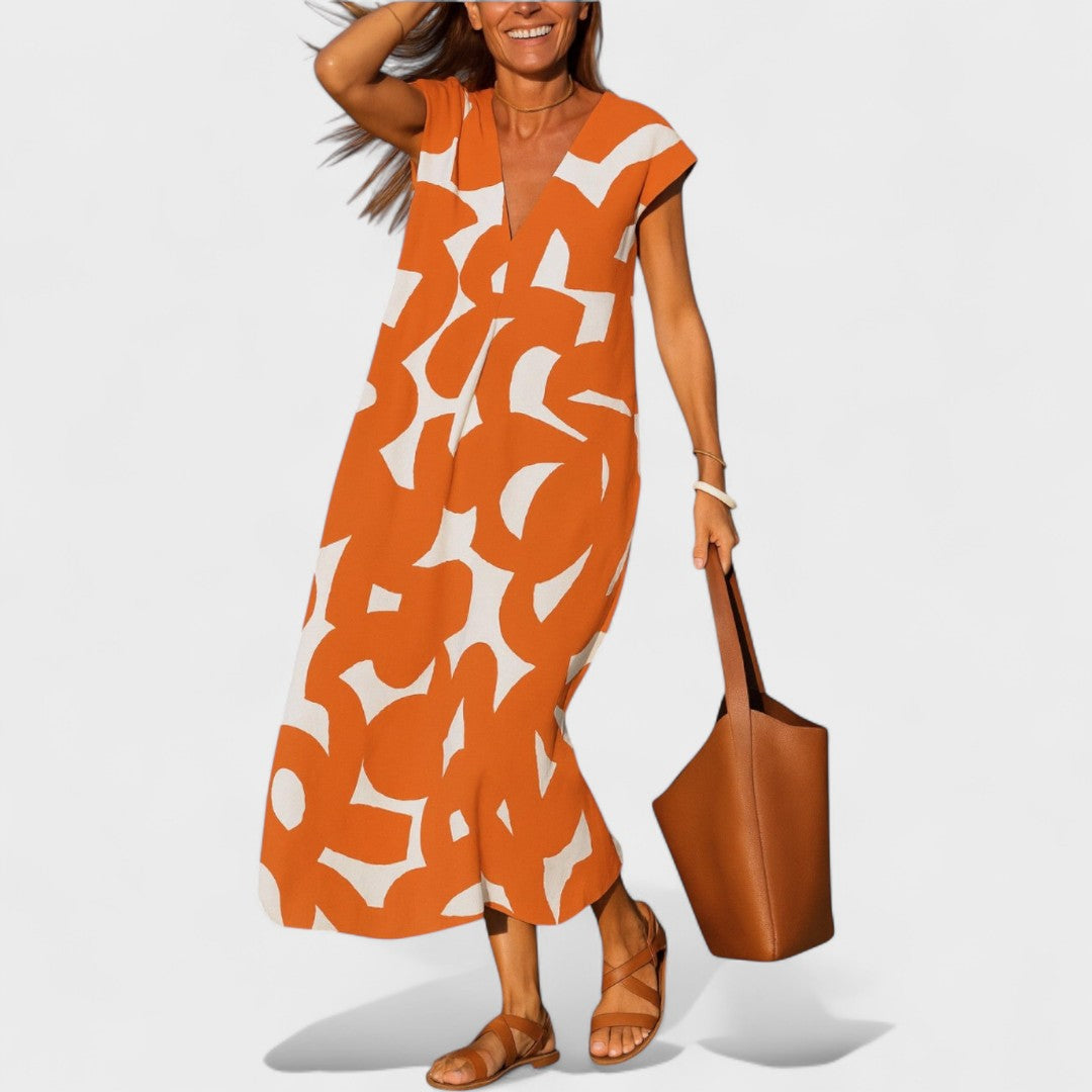 Magdalena - Długa Sukienka z Artystycznym Wzorem