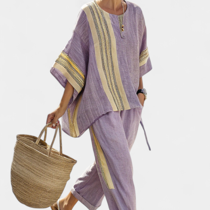 Komplet z lnianego bambusa z urokliwą lawendą i detalami w żółte paski