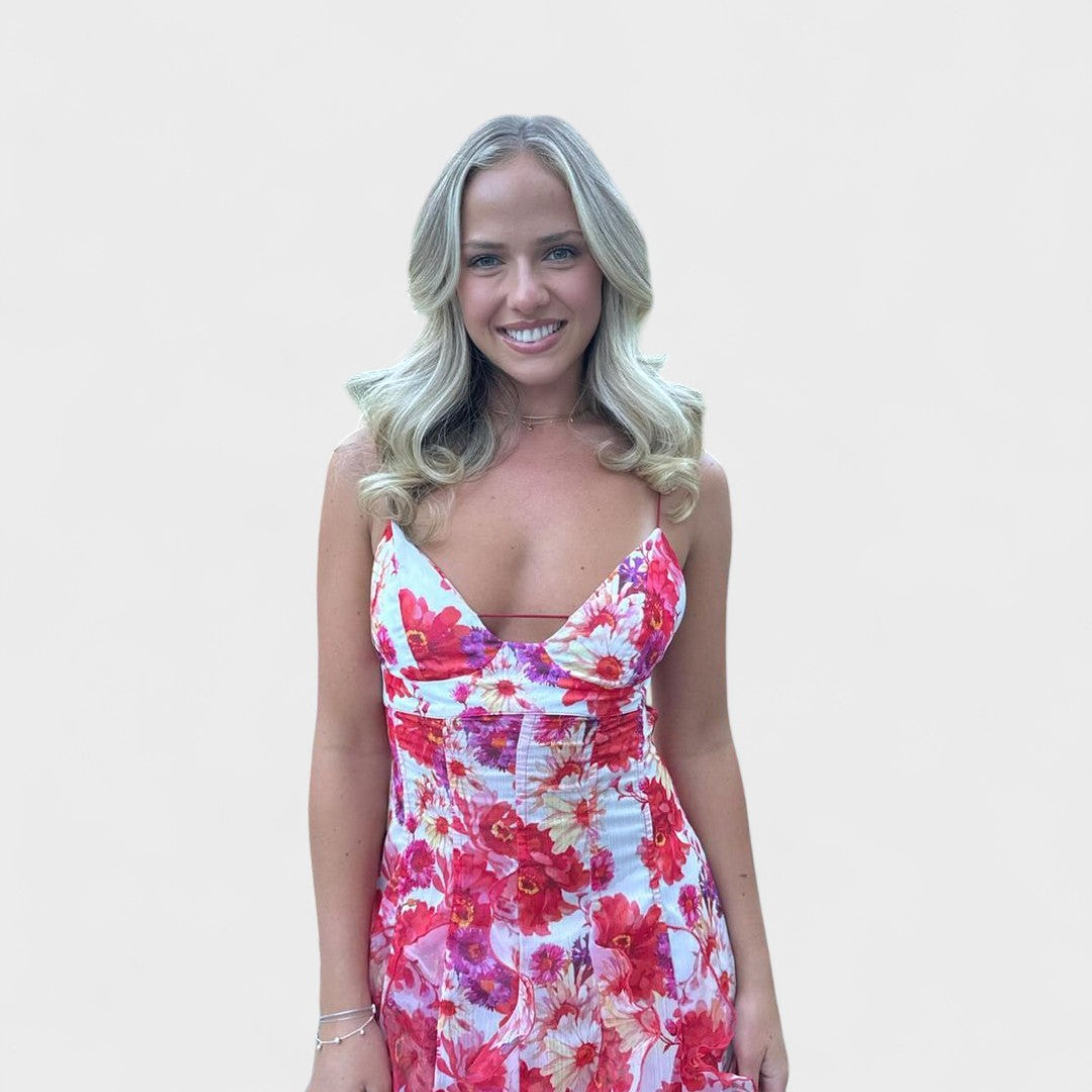 Miryana - Długa kolorowa sukienka z falbanami